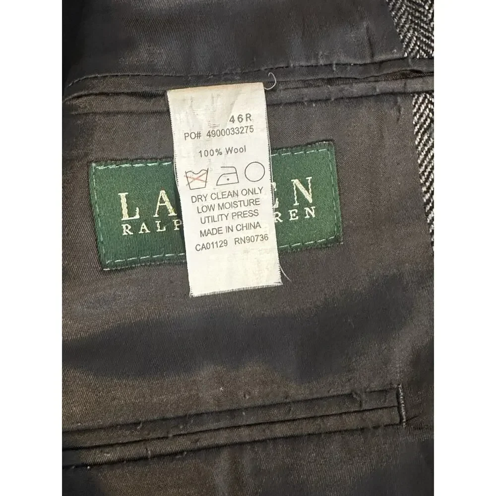 Lauren Ralph Lauren Mens Wool Blazer 46R Grey Herringbone Mens Sportcoat Preppy